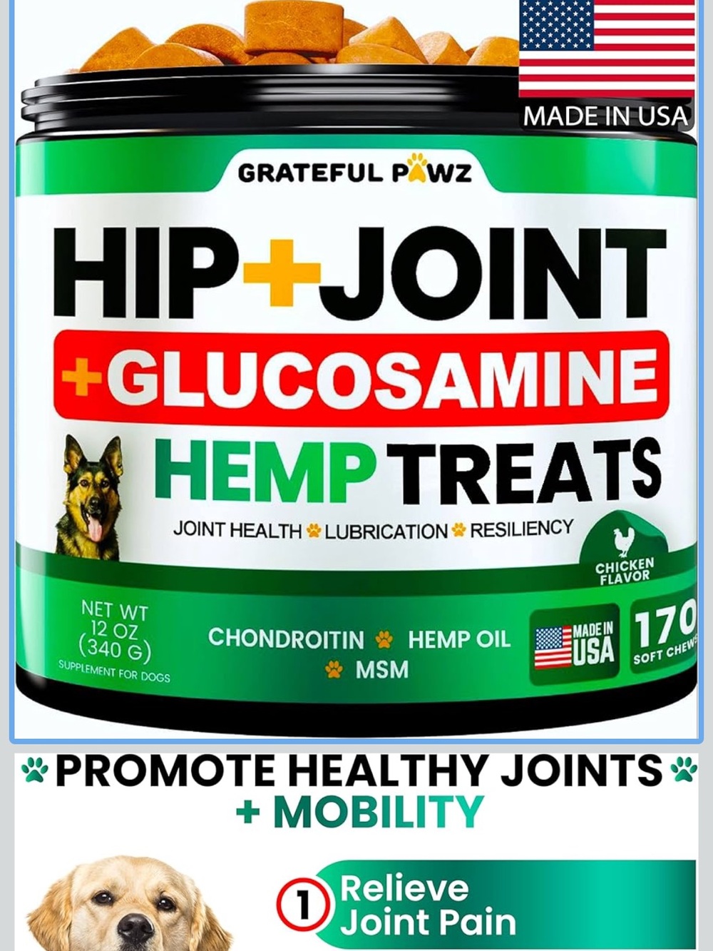 Grateful Pawz Joint + Glucosamine Hemp Treats - Opened Not Used 170 Tablets